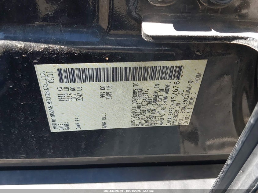 2012 Nissan Altima 2.5 S VIN: 1N4AL2AP2CN452676 Lot: 43359379