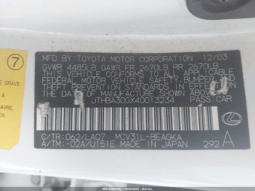 2004 Lexus Es 330 VIN: JTHBA30GX40013234 Lot: 43359382