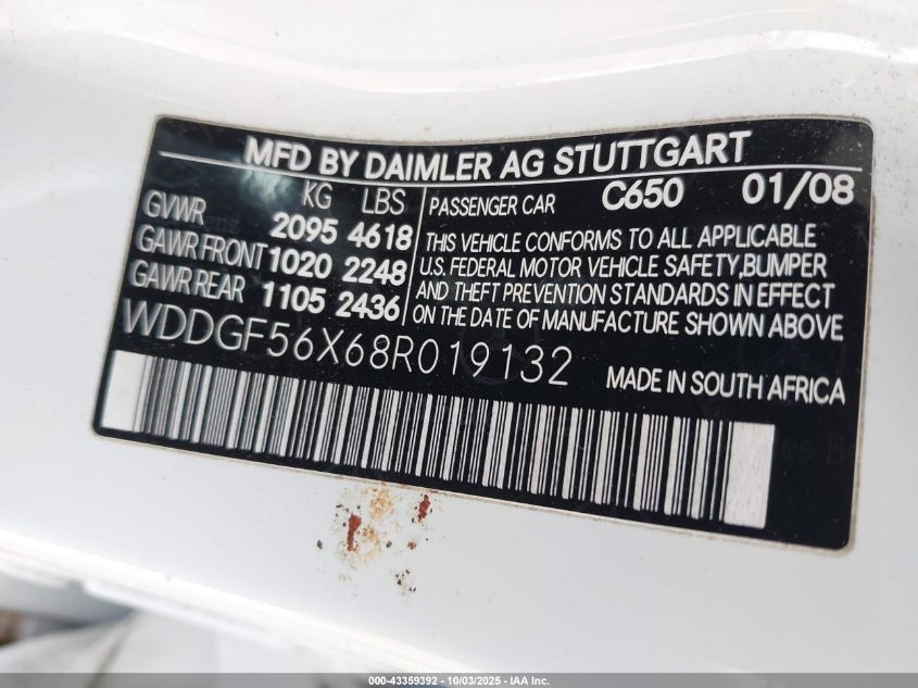 2008 Mercedes-Benz C 350 Sport VIN: WDDGF56X68R019132 Lot: 43359392