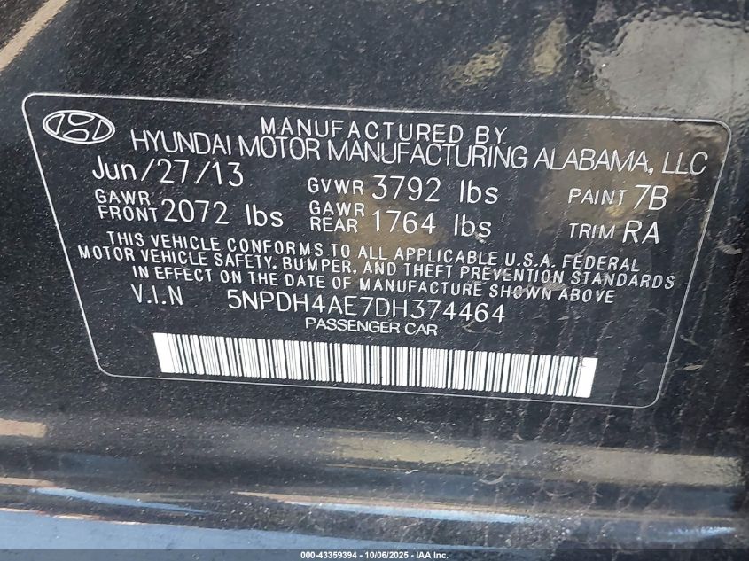 2013 Hyundai Elantra Gls VIN: 5NPDH4AE7DH374464 Lot: 43359394