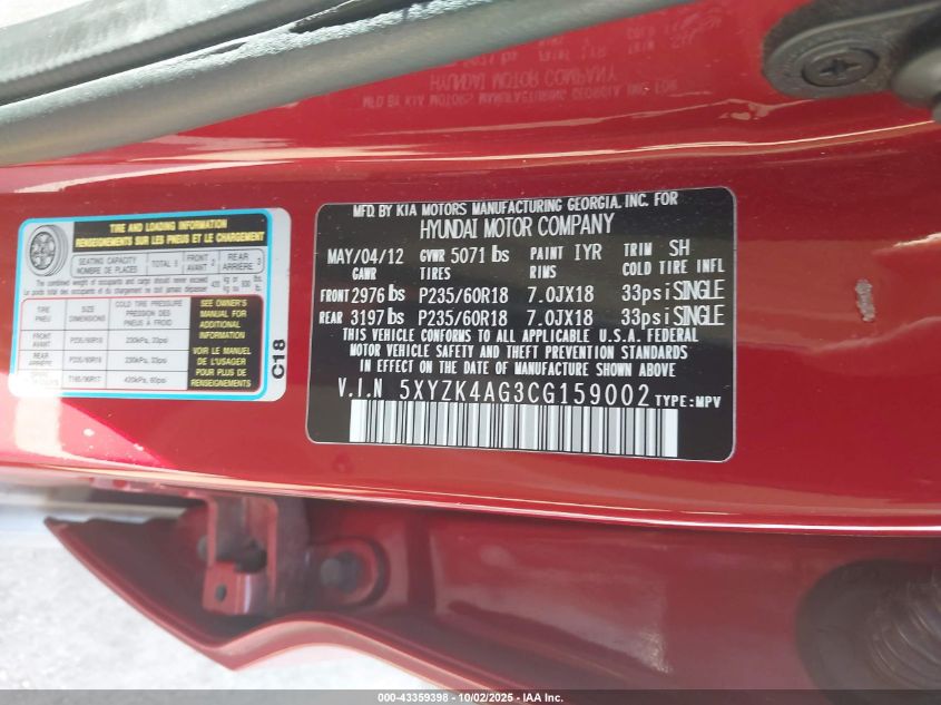 2012 Hyundai Santa Fe Limited V6 VIN: 5XYZK4AG3CG159002 Lot: 43359398