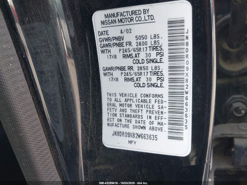 2002 Nissan Pathfinder Le VIN: JN8DR09X82W663635 Lot: 43359416