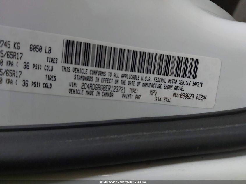 2014 Dodge Grand Caravan Se VIN: 2C4RDGBG8ER123721 Lot: 43359417