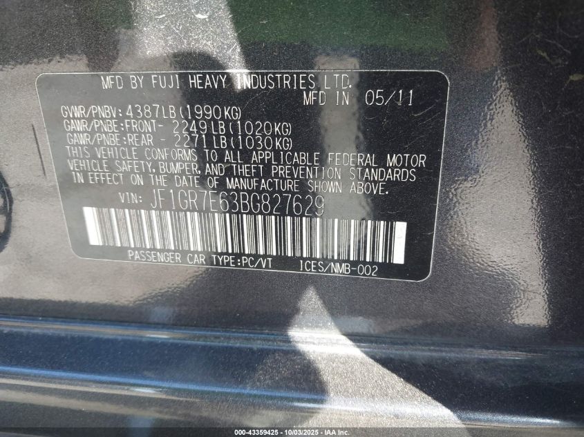 2011 Subaru Impreza Wrx VIN: JF1GR7E63BG827629 Lot: 43359425