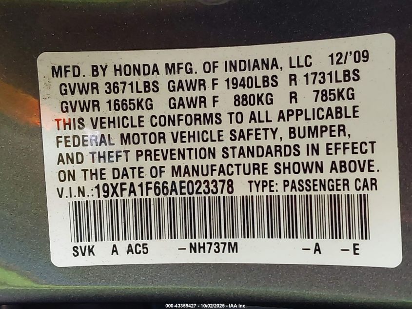 2010 Honda Civic Lx-S VIN: 19XFA1F66AE023378 Lot: 43359427