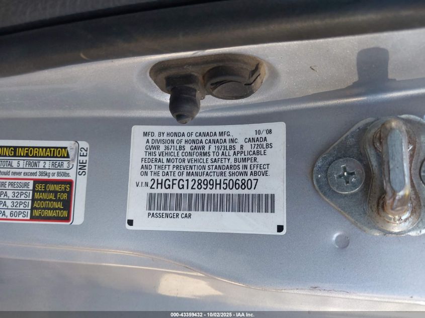 2009 Honda Civic Ex VIN: 2HGFG12899H506807 Lot: 43359432