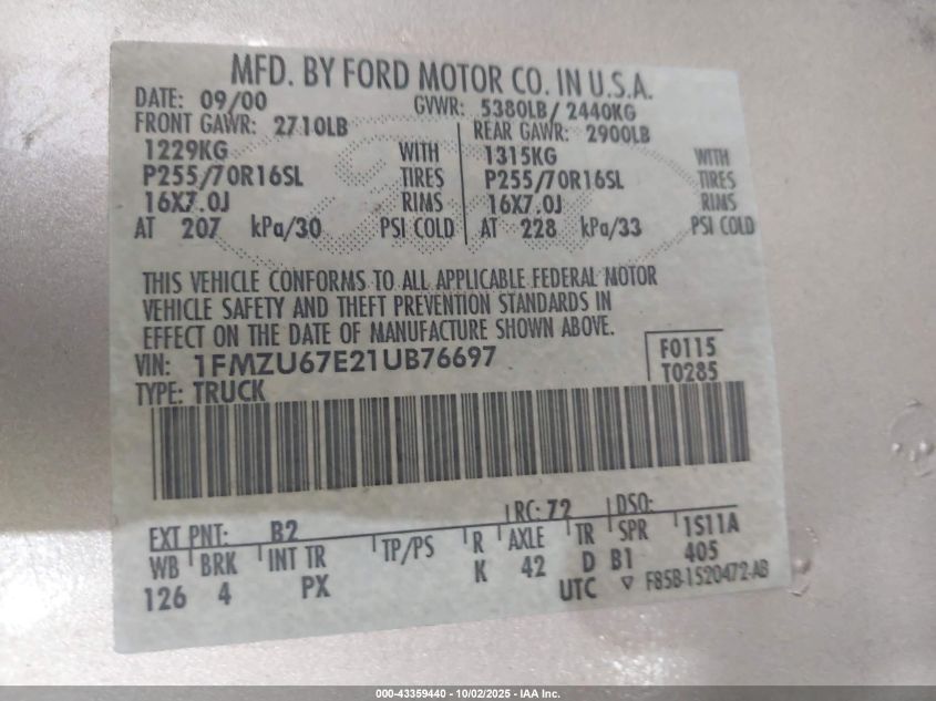 2001 Ford Explorer Sport Trac VIN: 1FMZU67E21UB76697 Lot: 43359440
