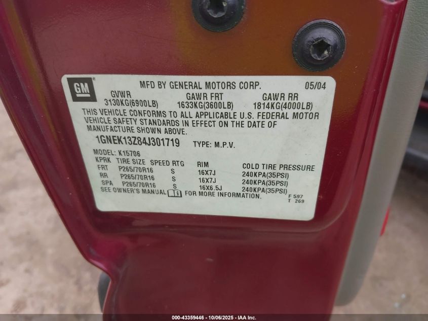 2004 Chevrolet Tahoe Ls VIN: 1GNEK13Z84J301719 Lot: 43359446