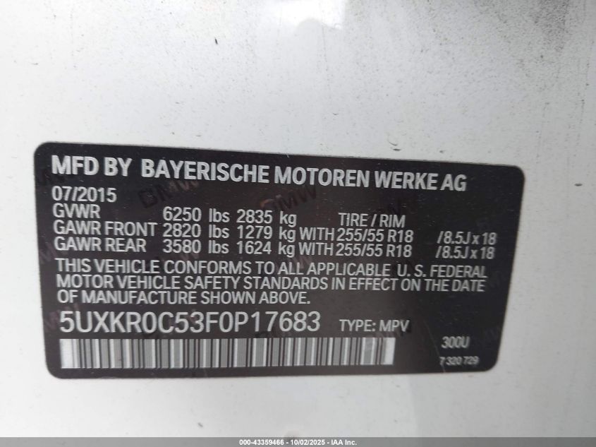 2015 BMW X5 xDrive35I VIN: 5UXKR0C53F0P17683 Lot: 43359466