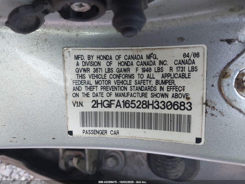 2008 Honda Civic Lx VIN: 2HGFA16528H330683 Lot: 43359475