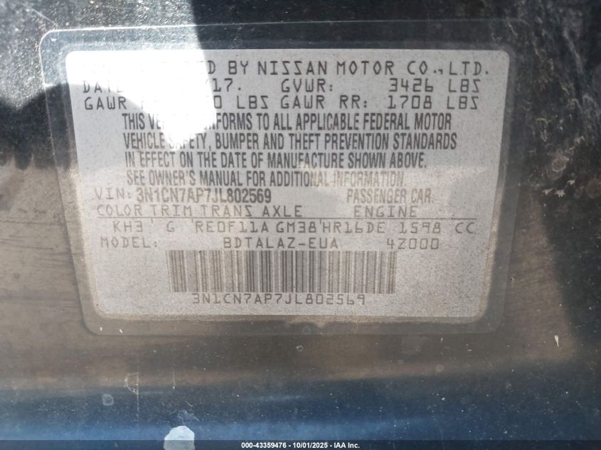 2018 Nissan Versa 1.6 S+ VIN: 3N1CN7AP7JL802569 Lot: 43359476