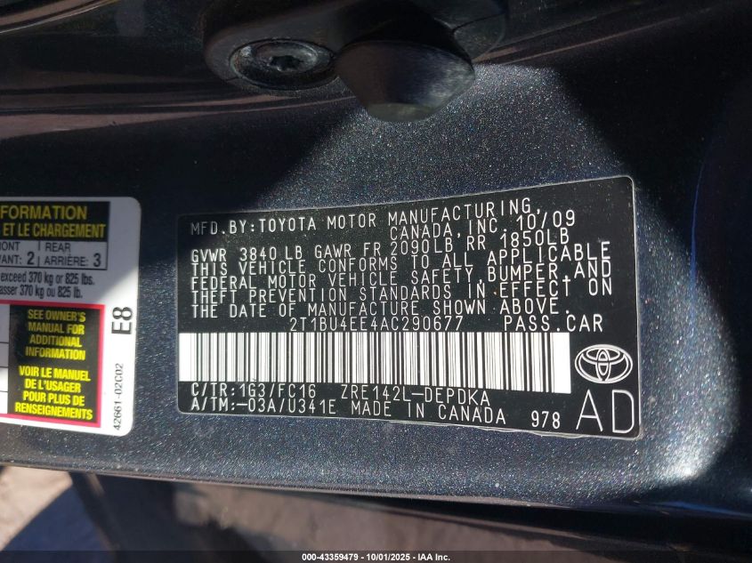 2010 Toyota Corolla Le VIN: 2T1BU4EE4AC290677 Lot: 43359479