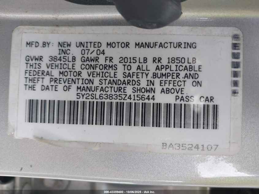 2005 Pontiac Vibe VIN: 5Y2SL63835Z415644 Lot: 43359480