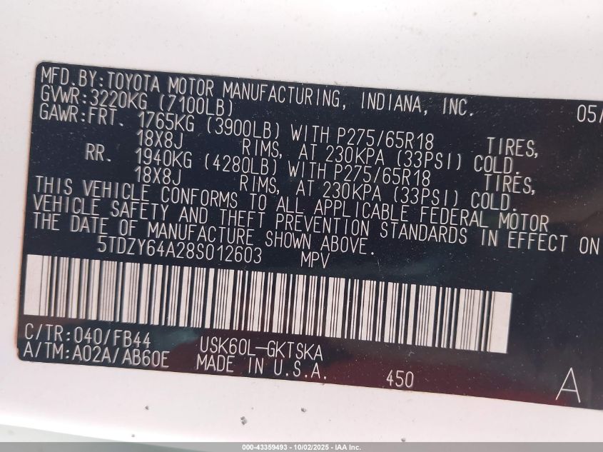 2008 Toyota Sequoia Sr5 5.7L V8 VIN: 5TDZY64A28S012603 Lot: 43359493