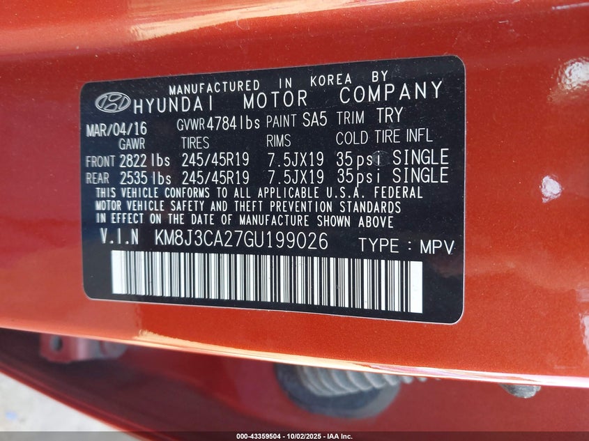 2016 HYUNDAI TUCSON SPORT - KM8J3CA27GU199026