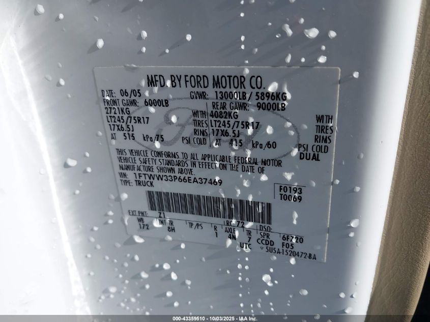 2006 Ford F-350 Lariat/Xl/Xlt VIN: 1FTWW33P66EA37469 Lot: 43359510