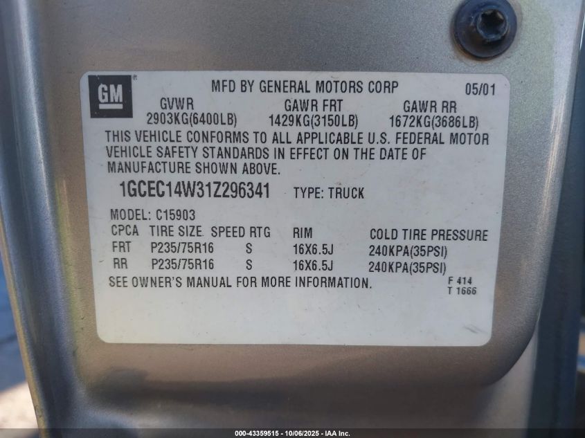 2001 Chevrolet Silverado 1500 VIN: 1GCEC14W31Z296341 Lot: 43359515