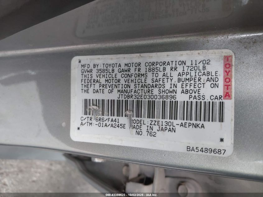 2003 Toyota Corolla Le VIN: JTDBR32E030036896 Lot: 43359523