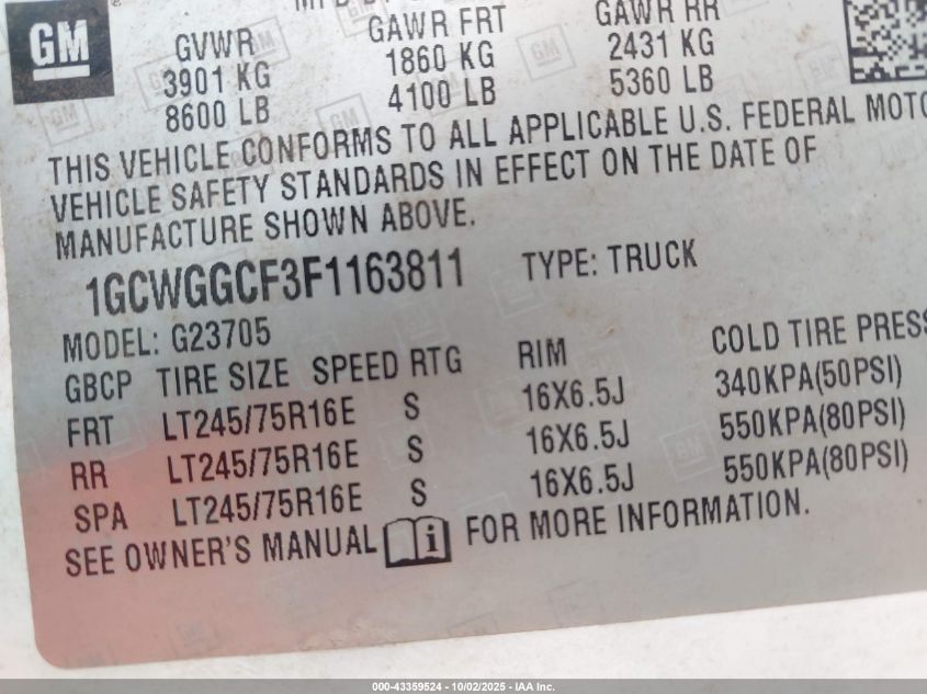 2015 Chevrolet Express 2500 Work Van VIN: 1GCWGGCF3F1163811 Lot: 43359524