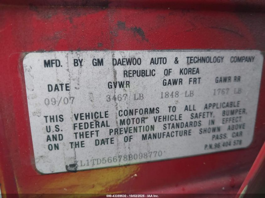 2008 Chevrolet Aveo Ls VIN: KL1TD56678B098770 Lot: 43359530