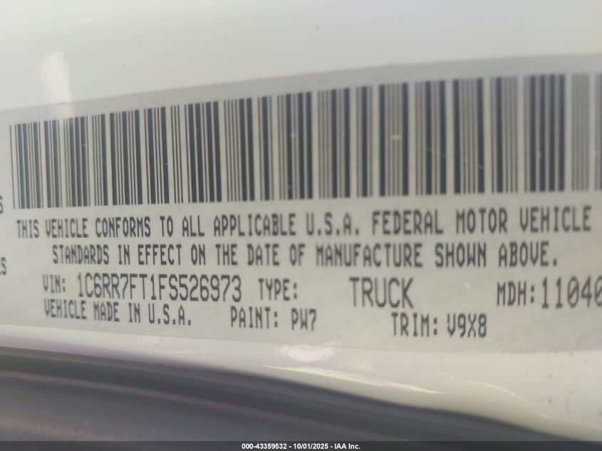 2015 Ram 1500 Express VIN: 1C6RR7FT1FS526973 Lot: 43359532