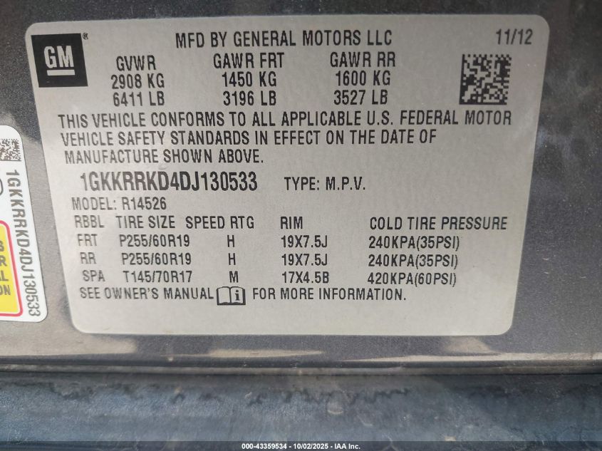 2013 GMC Acadia Slt-1 VIN: 1GKKRRKD4DJ130533 Lot: 43359534