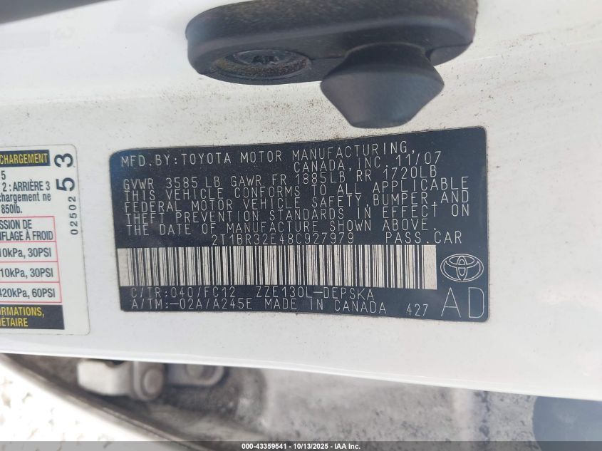 2008 Toyota Corolla S VIN: 2T1BR32E48C927979 Lot: 43359541