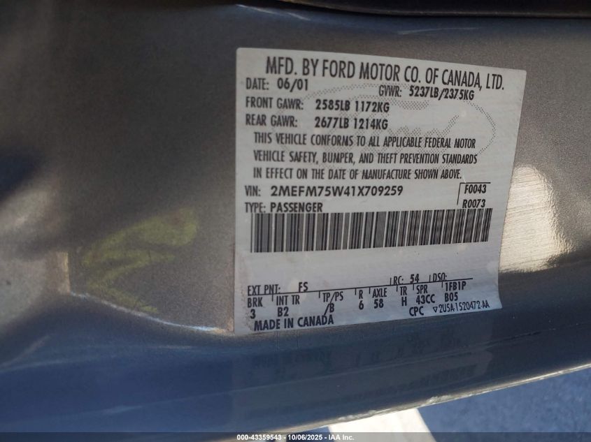 2001 Mercury Grand Marquis Ls VIN: 2MEFM75W41X709259 Lot: 43359543