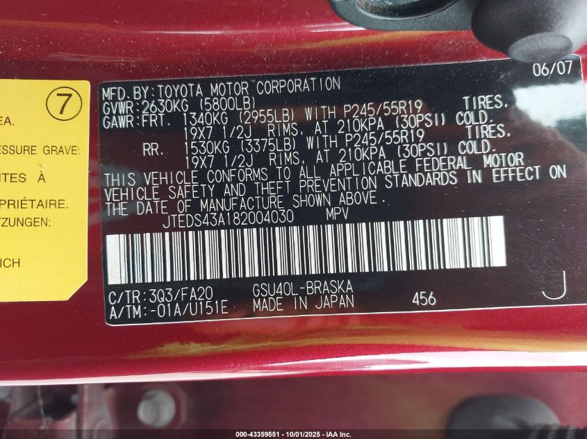 2008 Toyota Highlander Sport VIN: JTEDS43A182004030 Lot: 43359551