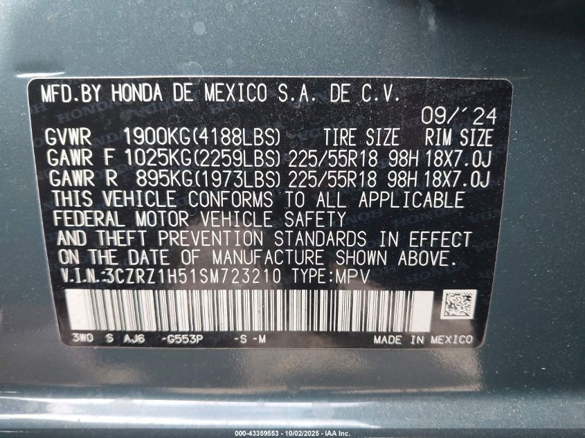2025 Honda Hr-V 2Wd Sport VIN: 3CZRZ1H51SM723210 Lot: 43359553