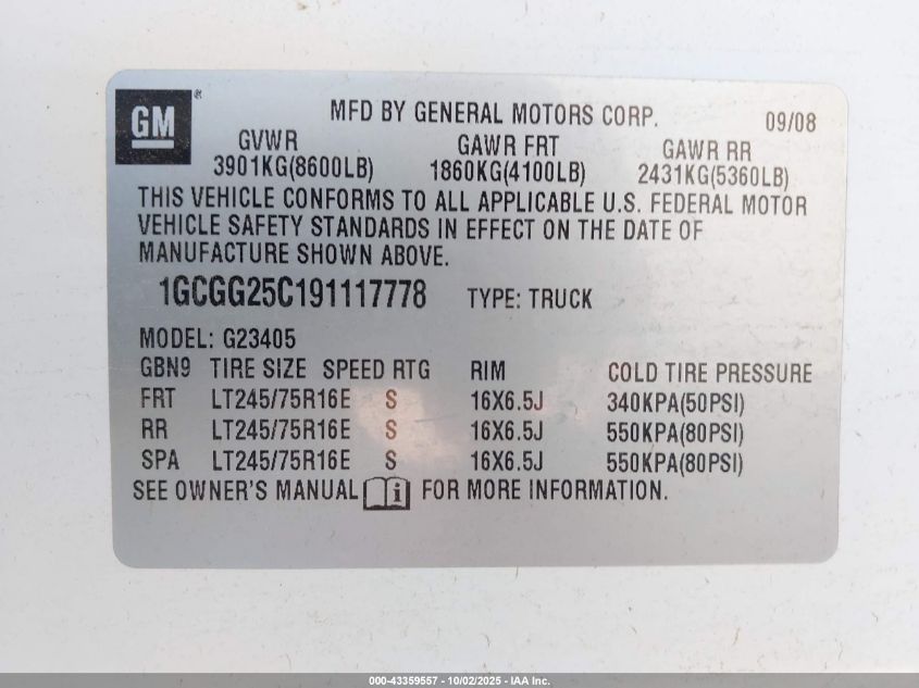 2009 Chevrolet Express 2500 Work Van VIN: 1GCGG25C191117778 Lot: 43359557