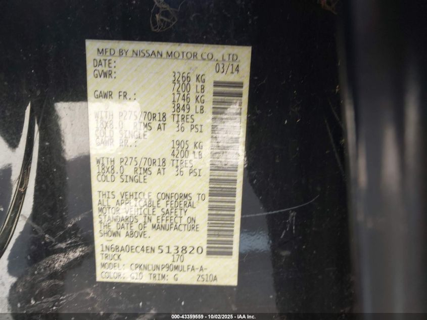 2014 Nissan Titan Pro-4X VIN: 1N6BA0EC4EN513820 Lot: 43359559