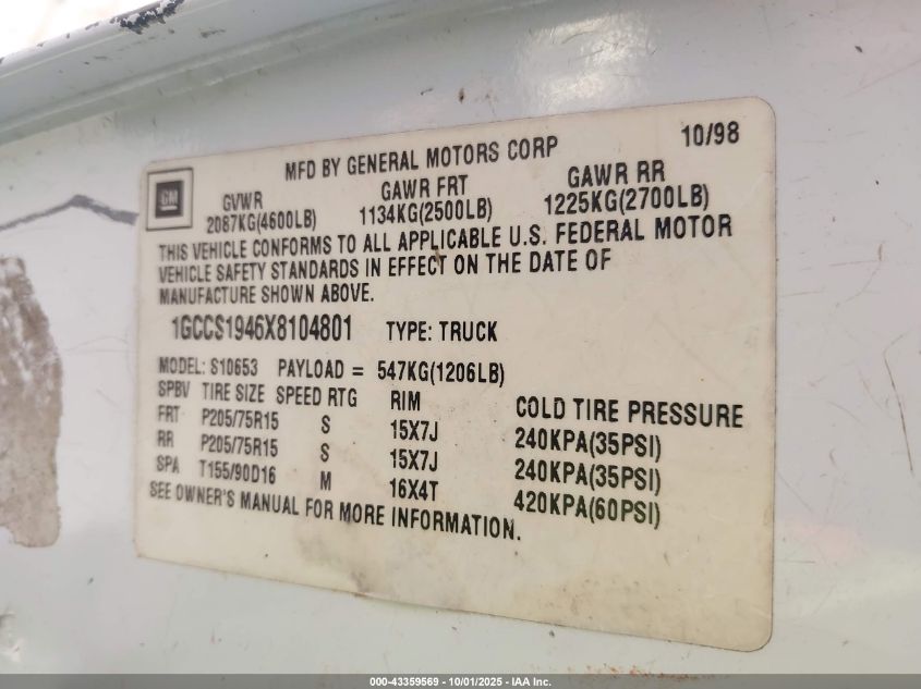 1999 Chevrolet S-10 Ls VIN: 1GCCS1946X8104801 Lot: 43359569