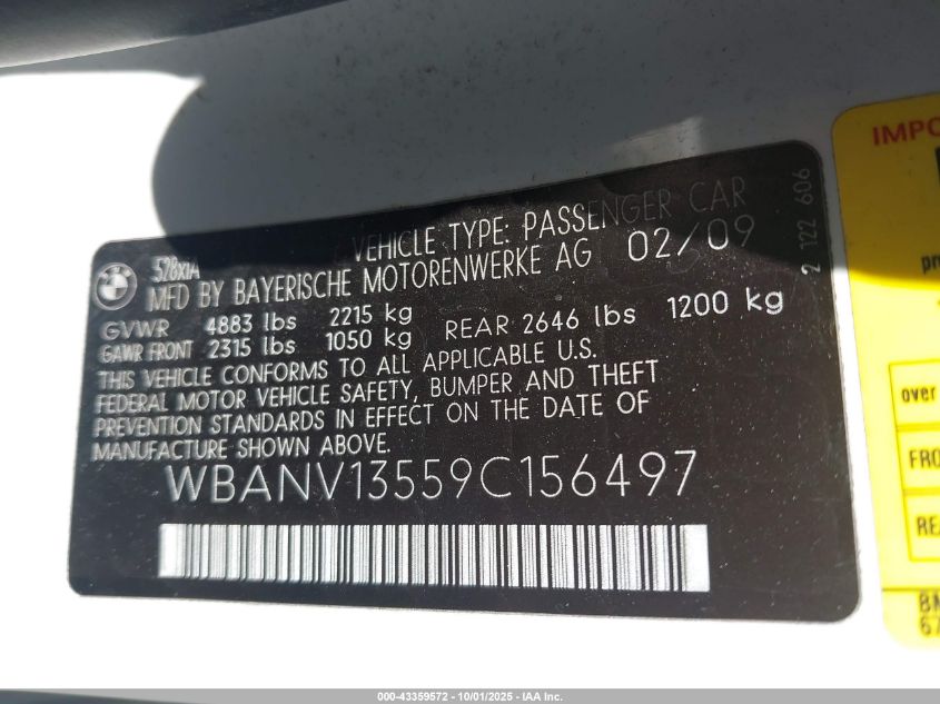 2009 BMW 528I xDrive VIN: WBANV13559C156497 Lot: 43359572