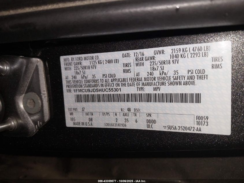 2017 Ford Escape Titanium VIN: 1FMCU9JD5HUC55301 Lot: 43359577