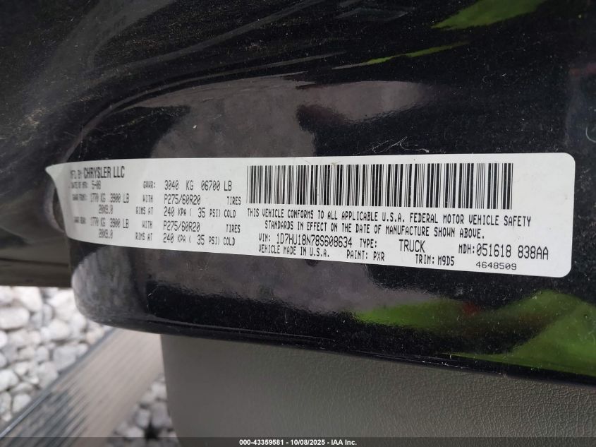 2008 Dodge Ram 1500 Slt VIN: 1D7HU18N78S608634 Lot: 43359581