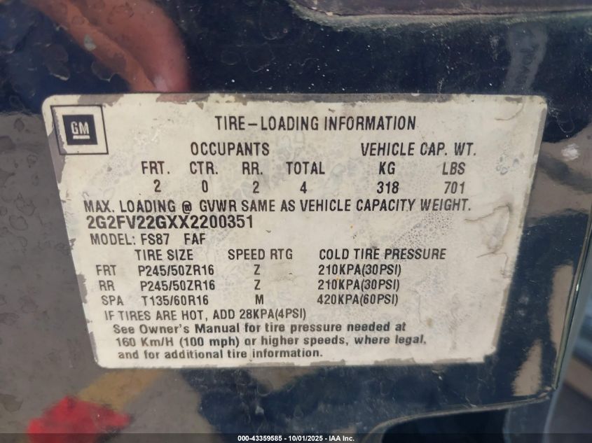 1999 Pontiac Firebird Trans Am VIN: 2G2FV22GXX2200351 Lot: 43359585