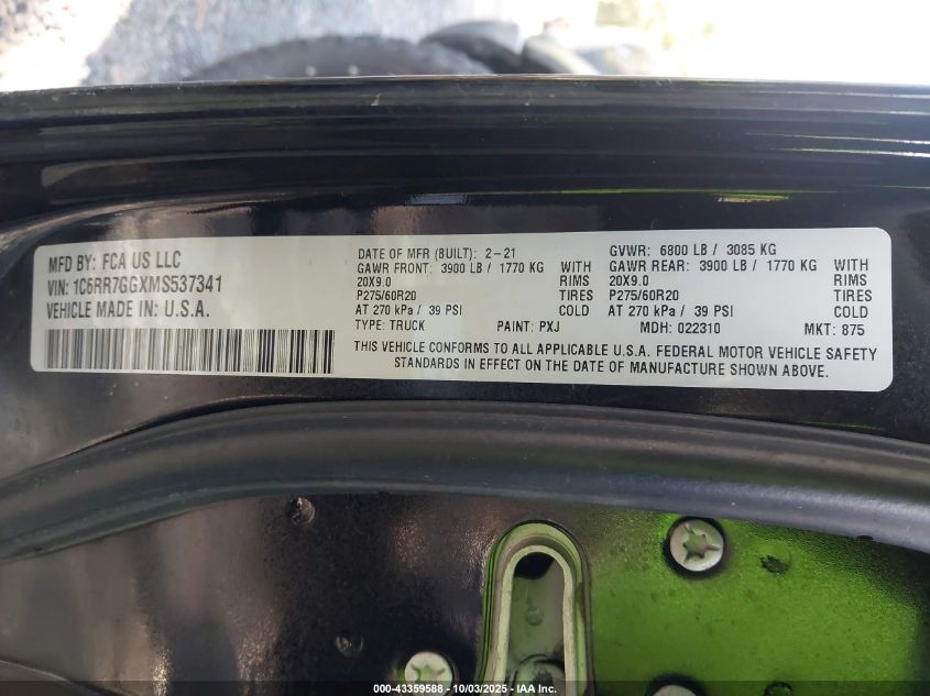 2021 Ram 1500 Classic VIN: 1C6RR7GGXMS537341 Lot: 43359588