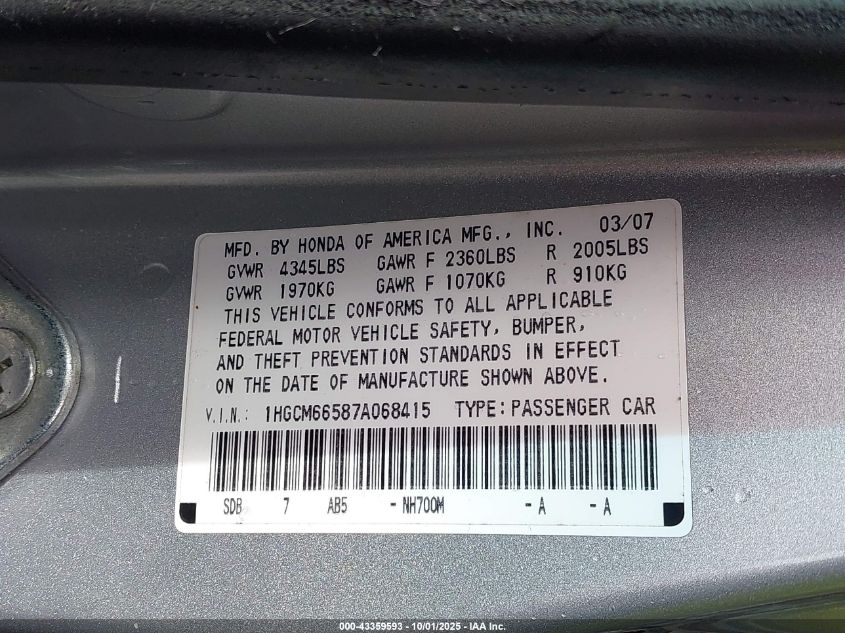2007 Honda Accord 3.0 Ex VIN: 1HGCM66587A068415 Lot: 43359593