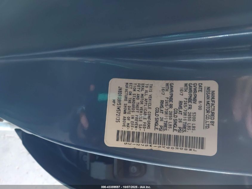 2001 Nissan Pathfinder Xe VIN: JN8DR09Y51W572135 Lot: 43359597