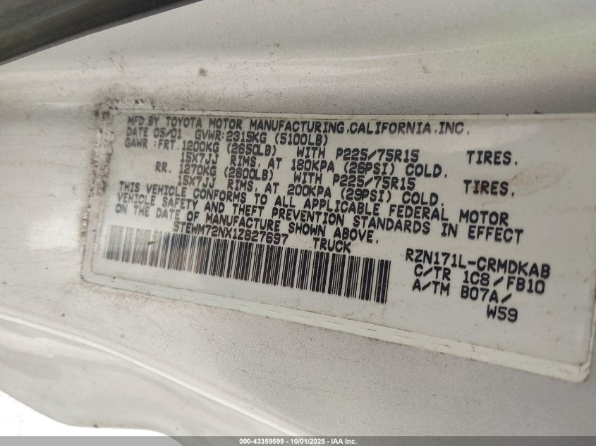 2001 Toyota Tacoma VIN: 5TEWM72NX1Z827697 Lot: 43359599