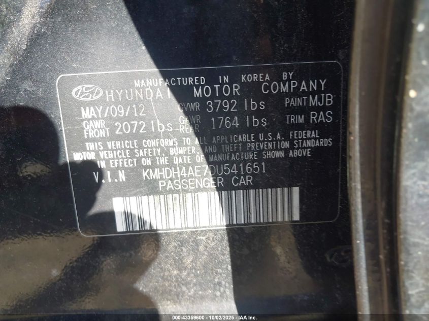 2013 Hyundai Elantra Limited VIN: KMHDH4AE7DU541651 Lot: 43359600