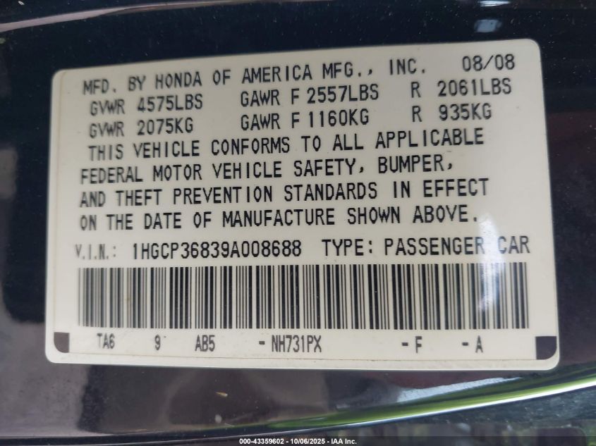 2009 Honda Accord 3.5 Ex-L VIN: 1HGCP36839A008688 Lot: 43359602