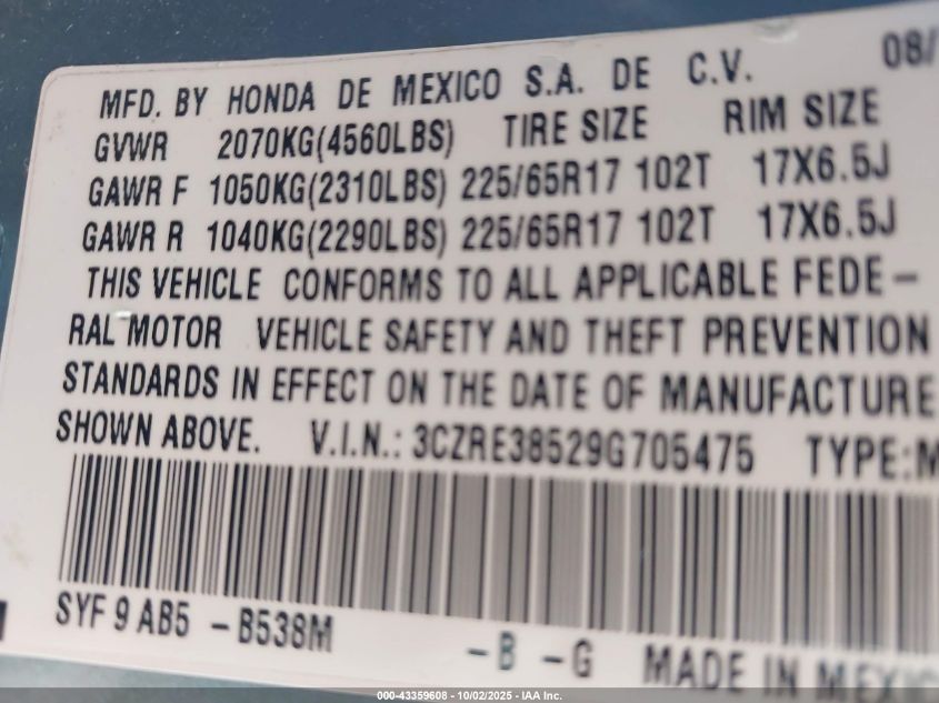 2009 Honda Cr-V Ex VIN: 3CZRE38529G705475 Lot: 43359608