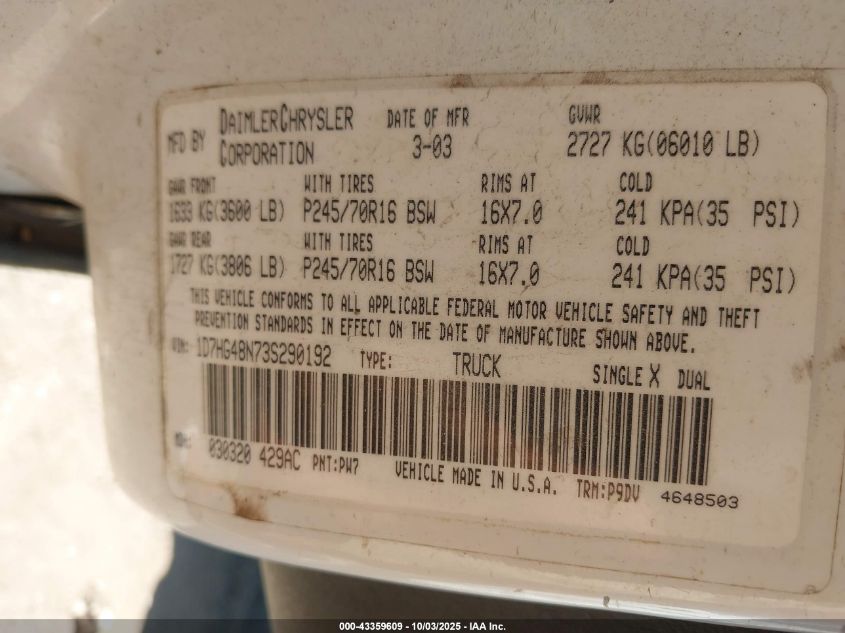 2003 Dodge Dakota Slt VIN: 1D7HG48N73S290192 Lot: 43359609