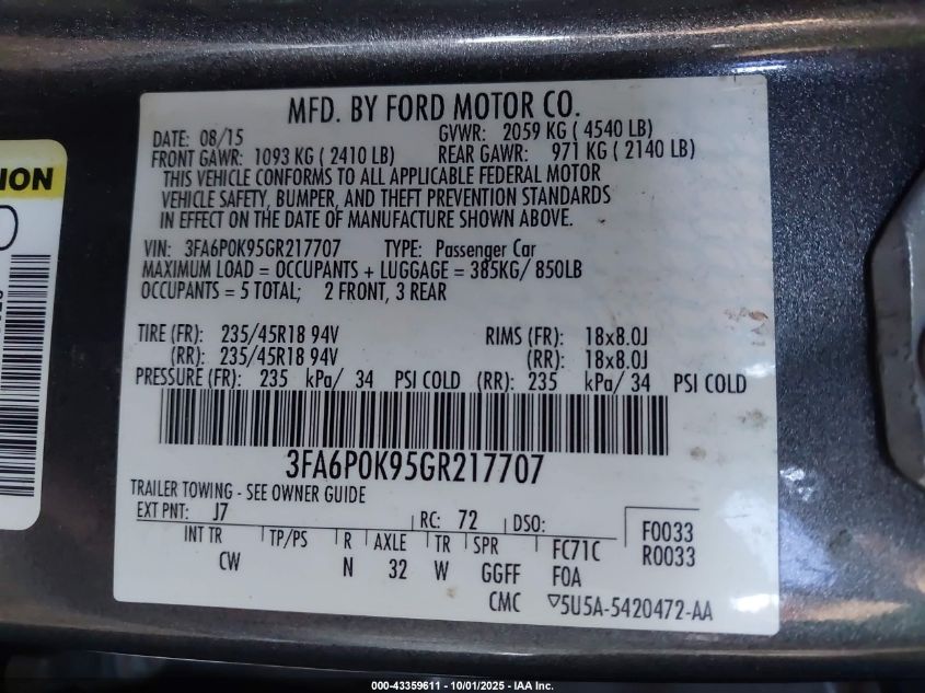 2016 Ford Fusion Titanium VIN: 3FA6P0K95GR217707 Lot: 43359611