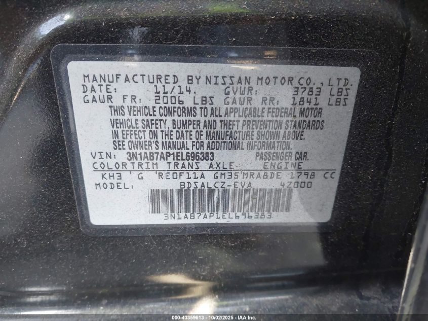 2014 Nissan Sentra S VIN: 3N1AB7AP1EL696383 Lot: 43359613