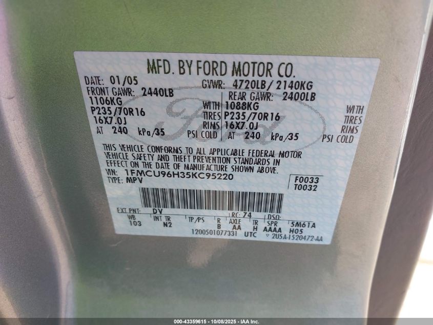 2005 Ford Escape Hybrid VIN: 1FMCU96H35KC95220 Lot: 43359615