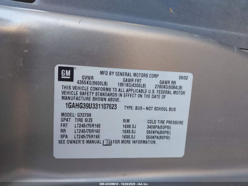 2003 Chevrolet Express VIN: 1GAHG39U331107623 Lot: 43359618