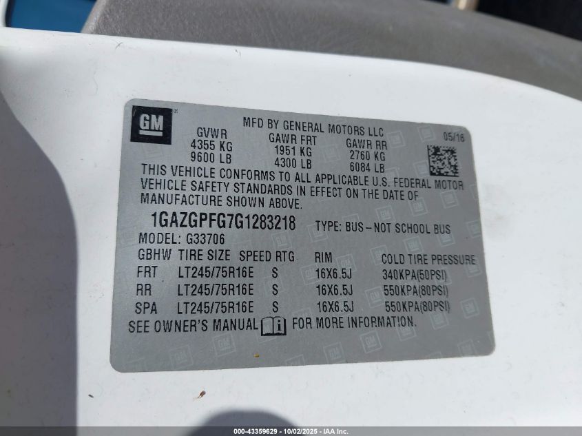 2016 Chevrolet Express 3500 Lt VIN: 1GAZGPFG7G1283218 Lot: 43359629